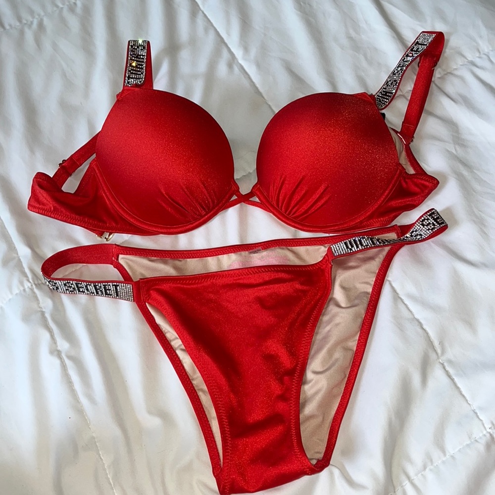 red medium bombshell VS bikini bathing suit